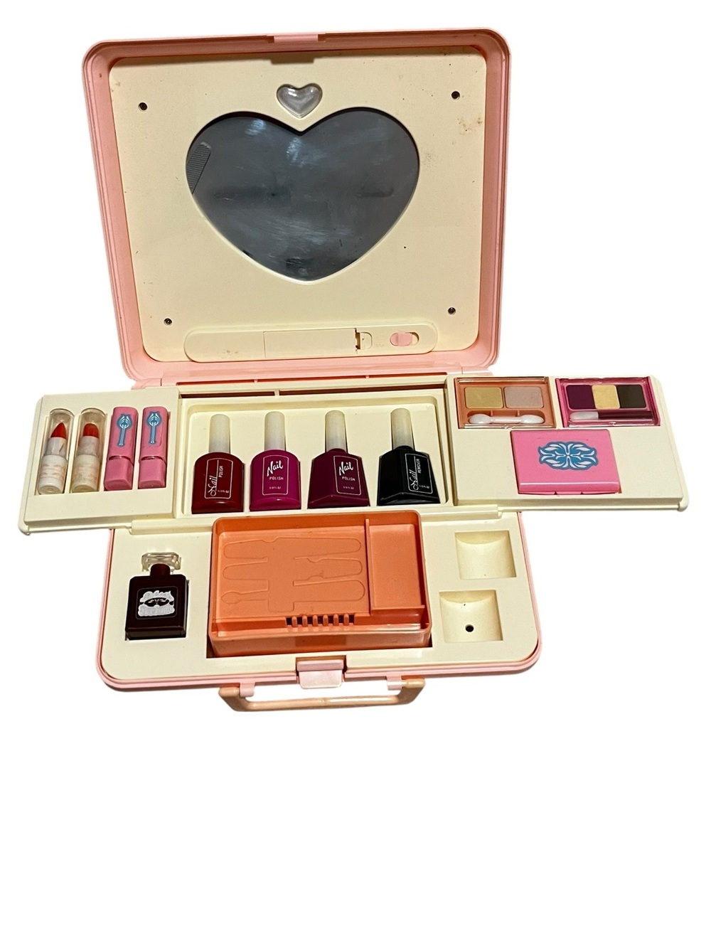 Vintage pink plastic kids vanity play pretend makeup case kit 8” x 12”